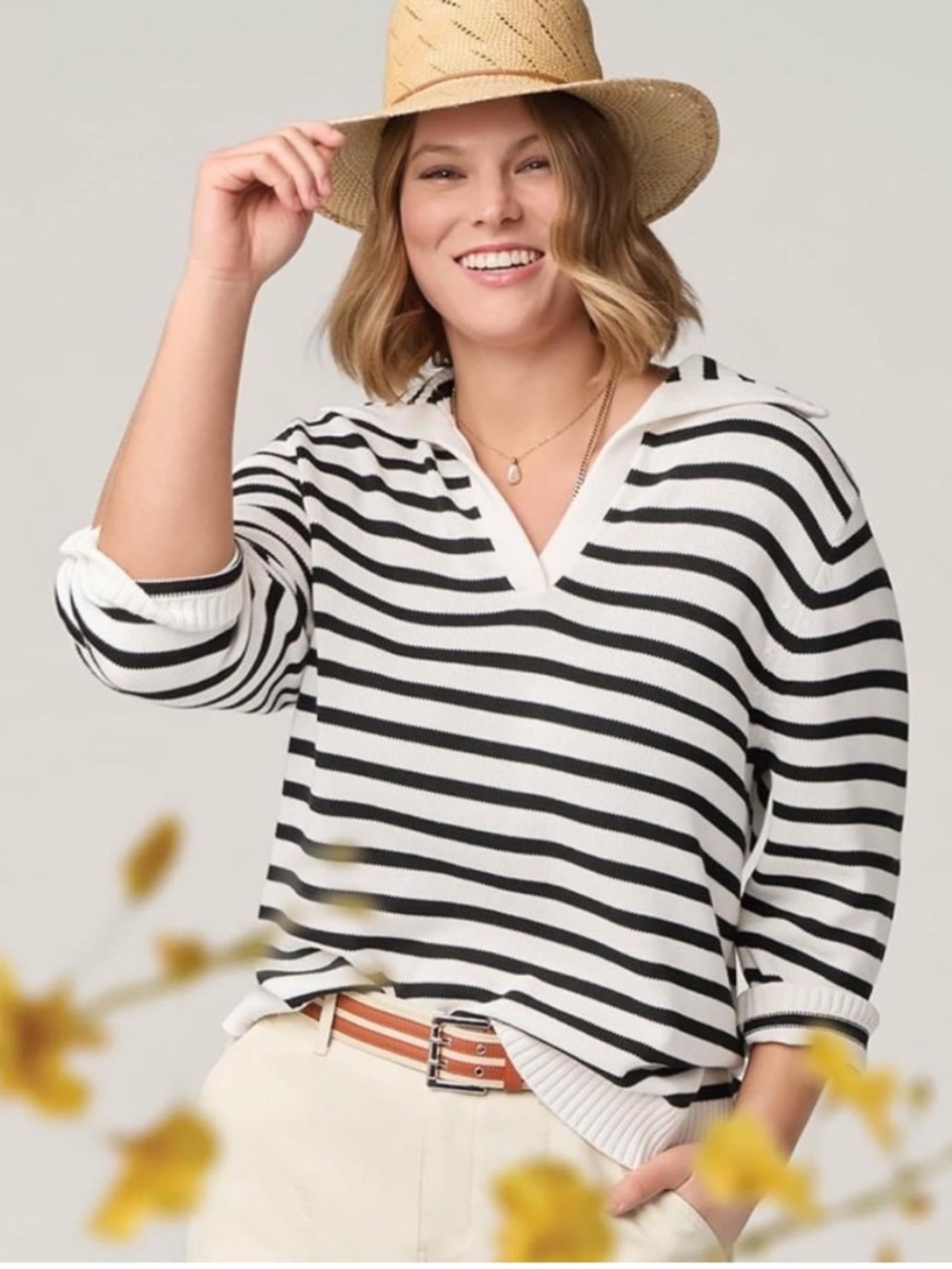 CAbi 6388 Deckhand Striped V-Neck Pullover Sweater Black White Size XL